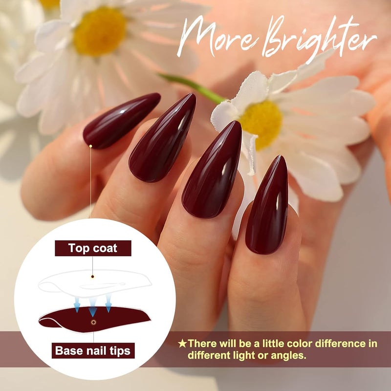 morily 24Pcs Wine Red Press on Nails Medium Length Stiletto False Nails Long Fake nails Glossy Acrylic Stick on Nails Solid Color Almond Full Cover Artificial Nails for Women (Wine Red) - Image 2
